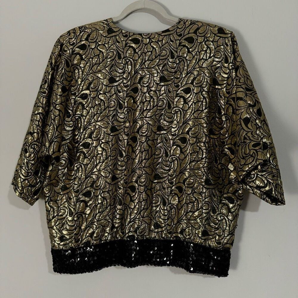Vintage 80s Gold Metallic Black Sequin Rayon Glam Retro Top M - Picture 7 of 7